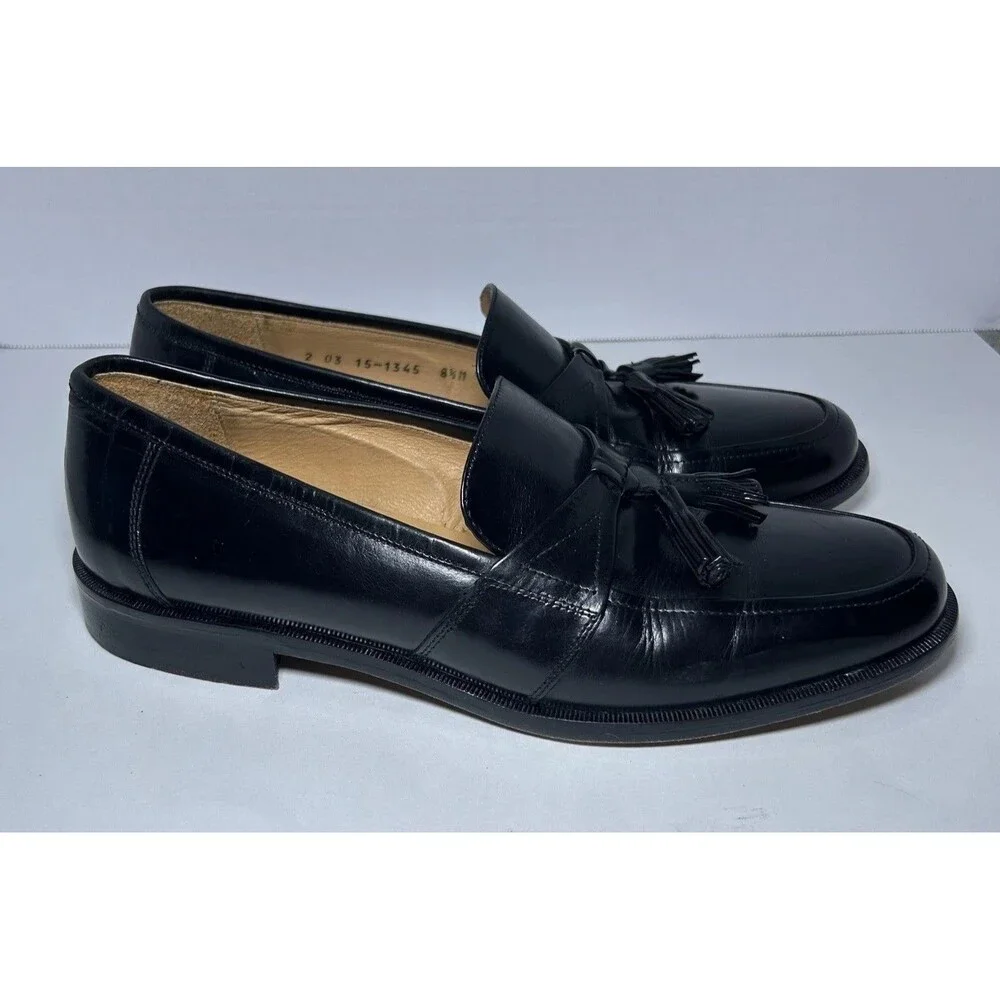 Johnston & Murphy Shoes Men's Size 8.5 Black Leather Tassel Loafers Italy Work